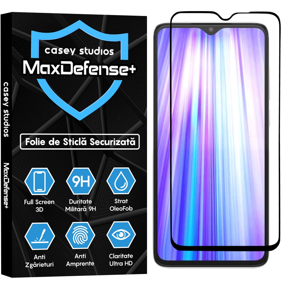 Folie Sticla CASEY STUDIOS™ compatibila cu Xiaomi Redmi Note 8 Pro, Full Cover 3D, Full Glue, Duritate Militara, Ultra HD, Anti Zgarieturi, Anti Socuri, Margini Negre