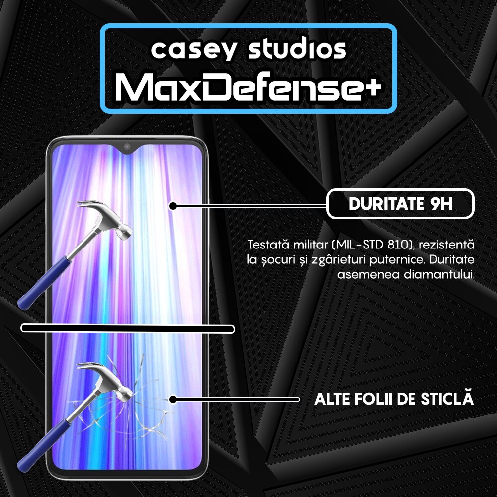 Folie Sticla CASEY STUDIOS™ compatibila cu Xiaomi Redmi Note 8 Pro, Full Cover 3D, Full Glue, Duritate Militara, Ultra HD, Anti Zgarieturi, Anti Socuri, Margini Negre