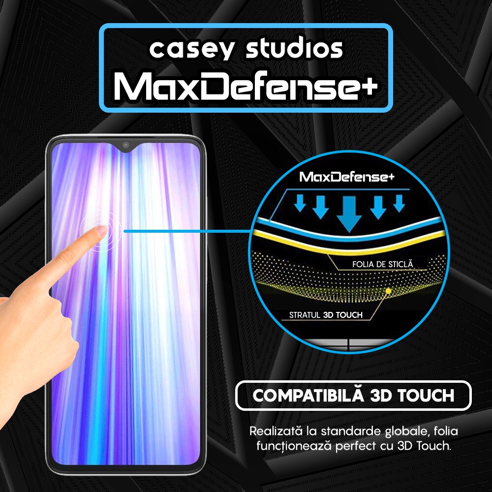 Folie Sticla CASEY STUDIOS™ compatibila cu Xiaomi Redmi Note 8 Pro, Full Cover 3D, Full Glue, Duritate Militara, Ultra HD, Anti Zgarieturi, Anti Socuri, Margini Negre