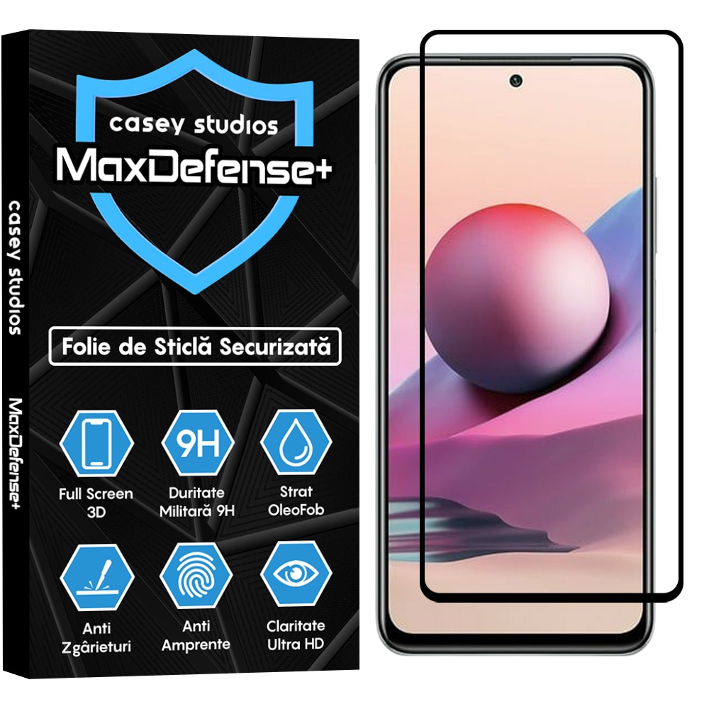 Folie Sticla CASEY STUDIOS™ compatibila cu Xiaomi Redmi Note 10 Pro / Redmi Note 10 Pro Max, Full Cover 3D, Full Glue, Duritate Militara, Ultra HD, Anti Zgarieturi, Anti Socuri, Margini Negre
