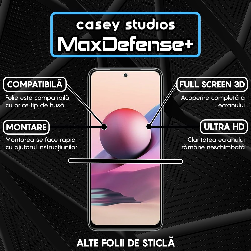 Folie Sticla CASEY STUDIOS™ compatibila cu Xiaomi Redmi Note 10 Pro / Redmi Note 10 Pro Max, Full Cover 3D, Full Glue, Duritate Militara, Ultra HD, Anti Zgarieturi, Anti Socuri, Margini Negre