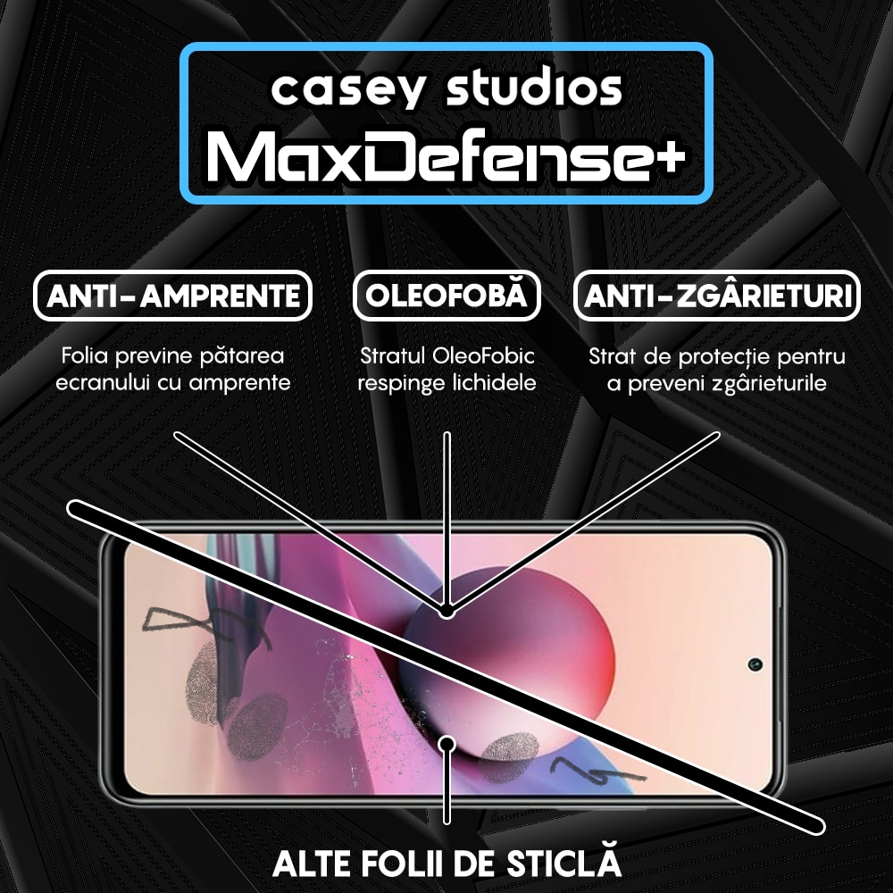 Folie Sticla CASEY STUDIOS™ compatibila cu Xiaomi Redmi Note 10 Pro / Redmi Note 10 Pro Max, Full Cover 3D, Full Glue, Duritate Militara, Ultra HD, Anti Zgarieturi, Anti Socuri, Margini Negre