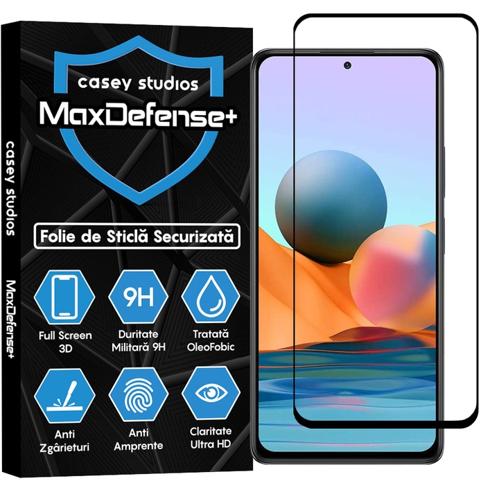 CASEY STUDIOS™ üvegfólia kompatibilis a Xiaomi Redmi Note 10 Pro / Redmi Note 10 Pro Max készülékekkel, teljes ragasztó, katonai keménység, Ultra HD, karcolásgátló, ütésálló, fekete élek