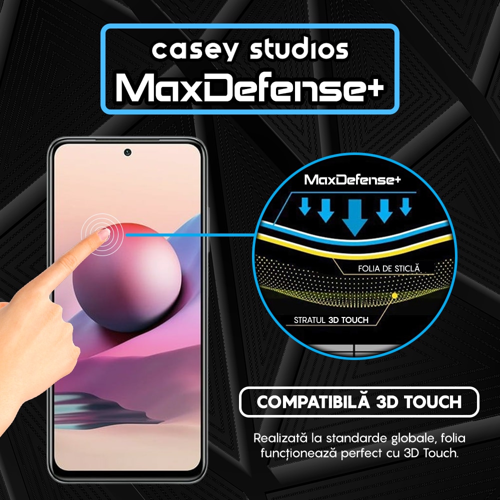 Folie Sticla CASEY STUDIOS™ compatibila cu Xiaomi Redmi Note 10 Pro / Redmi Note 10 Pro Max, Full Cover 3D, Full Glue, Duritate Militara, Ultra HD, Anti Zgarieturi, Anti Socuri, Margini Negre