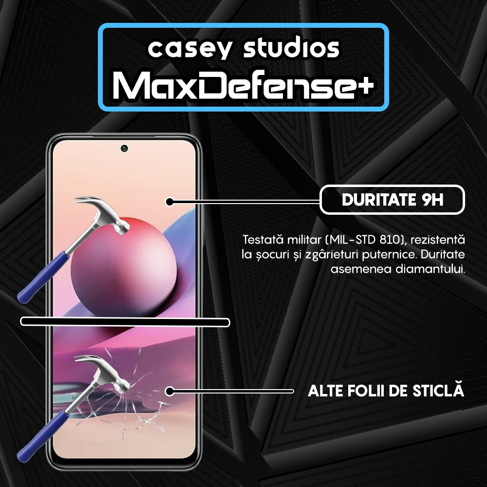 Folie Sticla CASEY STUDIOS™ compatibila cu Xiaomi Redmi Note 10 Pro / Redmi Note 10 Pro Max, Full Cover 3D, Full Glue, Duritate Militara, Ultra HD, Anti Zgarieturi, Anti Socuri, Margini Negre