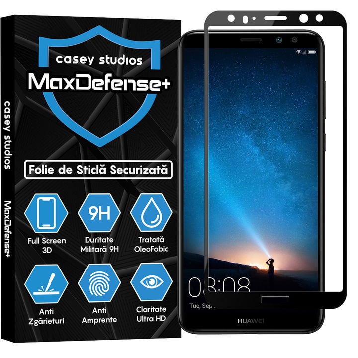 CASEY STUDIOS üvegfólia, kompatibilis Huawei Mate 10 Lite, Full Glue, katonai keménység, Ultra HD, karcmentes, ütésálló, fekete élekkel
