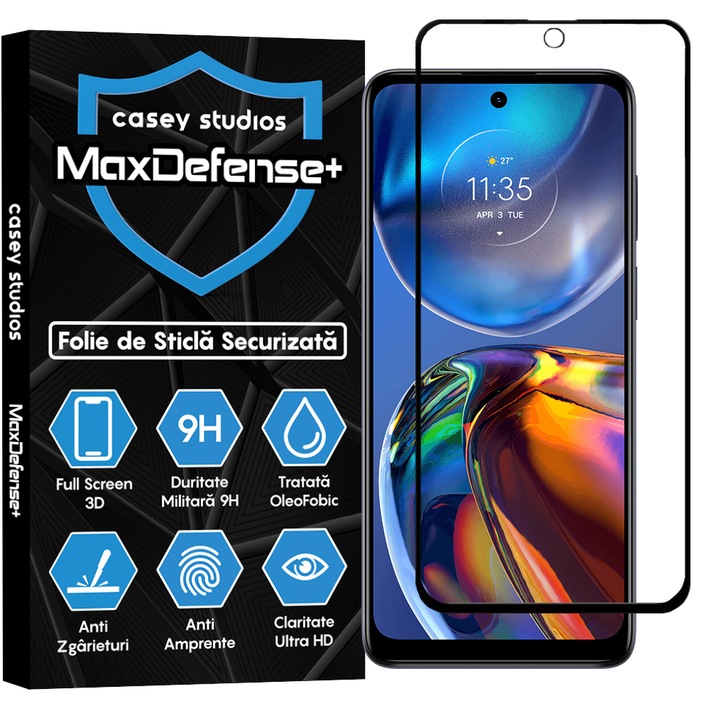 CASEY STUDIOS™ üvegfólia kompatibilis a Motorola Moto E32 / Moto E32s, Full Glue, Katonai keménység, Ultra HD, karcolásgátló, ütésálló, fekete élekkel