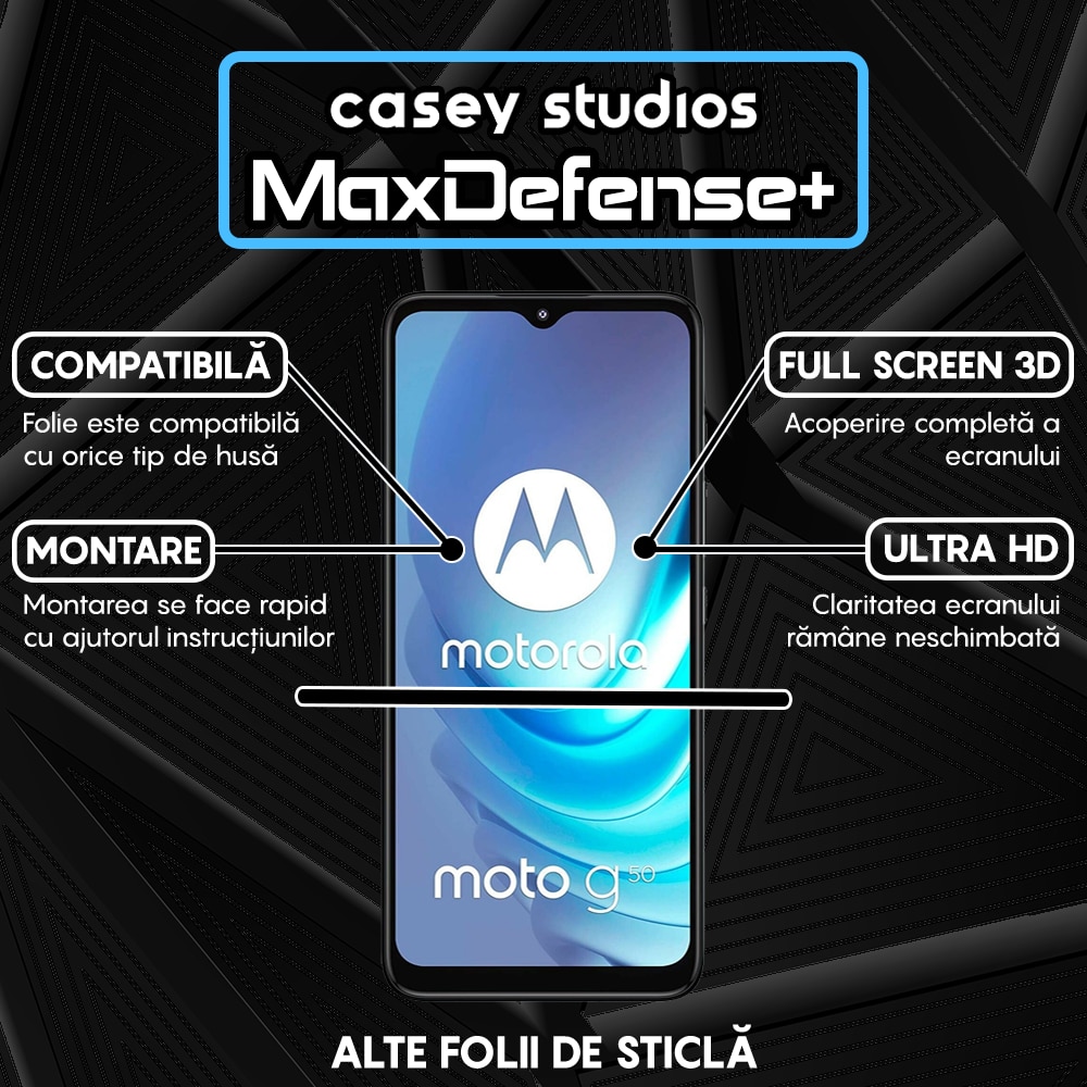 Folie Sticla CASEY STUDIOS™ compatibila cu Motorola Moto G50, Full Cover 3D, Full Glue, Duritate Militara, Ultra HD, Anti Zgarieturi, Anti Socuri, Margini Negre