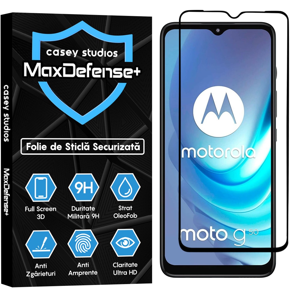 Folie Sticla CASEY STUDIOS™ compatibila cu Motorola Moto G50, Full Cover 3D, Full Glue, Duritate Militara, Ultra HD, Anti Zgarieturi, Anti Socuri, Margini Negre