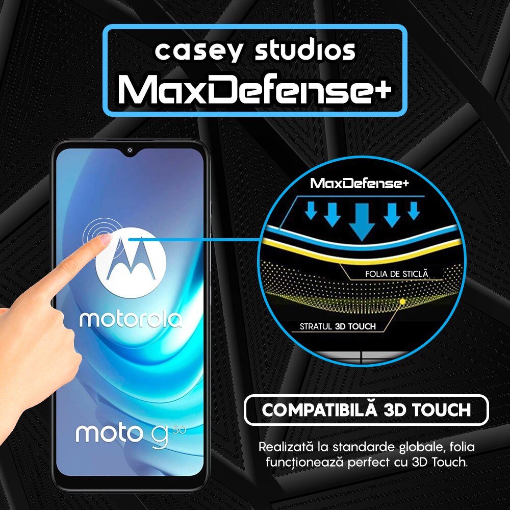 Folie Sticla CASEY STUDIOS™ compatibila cu Motorola Moto G50, Full Cover 3D, Full Glue, Duritate Militara, Ultra HD, Anti Zgarieturi, Anti Socuri, Margini Negre