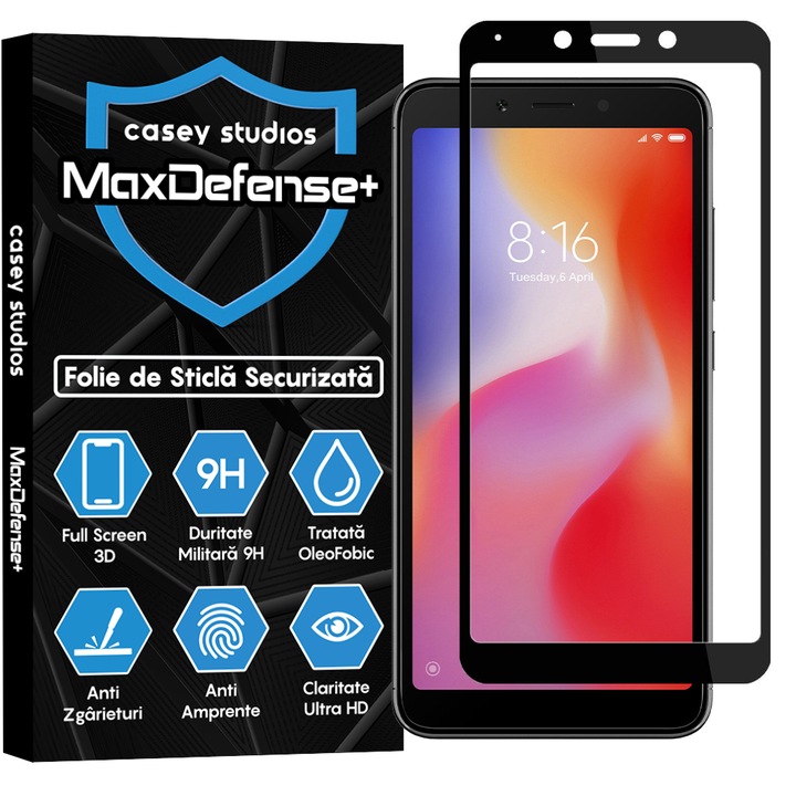 CASEY STUDIOS™ üvegfólia kompatibilis Xiaomi Redmi 6 / Redmi 6A, Full Glue, Katonai keménység, Ultra HD, karcolásgátló, ütésálló, fekete élek