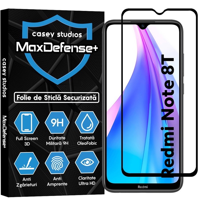 CASEY STUDIOS™ üvegfólia kompatibilis a Xiaomi Redmi Note 8T-vel, Full Glue, Katonai keménység, Ultra HD, karcolásgátló, ütésálló, fekete élek