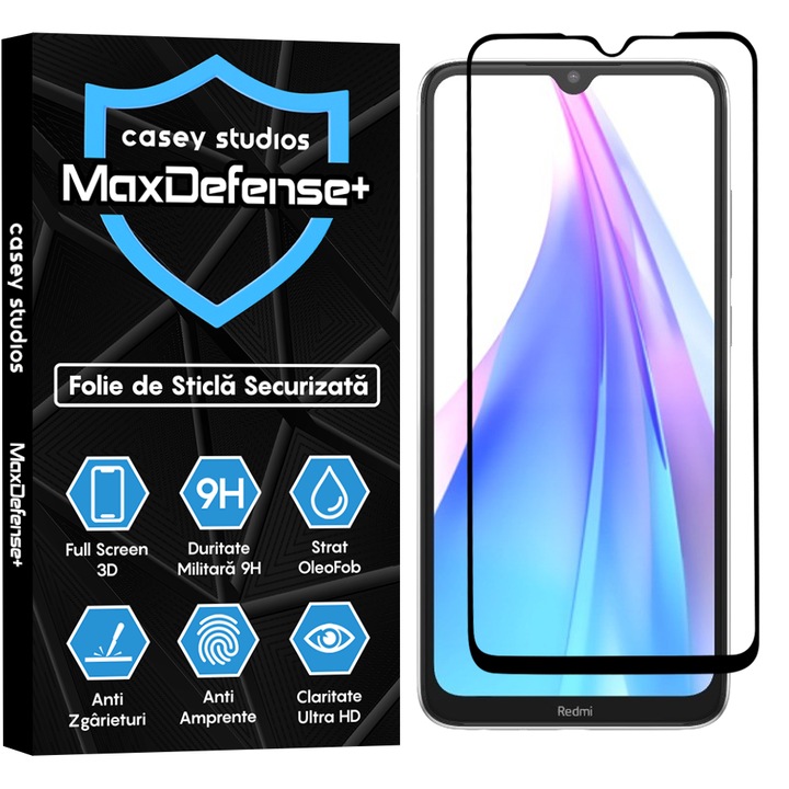 Folie Sticla CASEY STUDIOS™ compatibila cu Xiaomi Redmi Note 8T, Full Cover 3D, Full Glue, Duritate Militara, Ultra HD, Anti Zgarieturi, Anti Socuri, Margini Negre