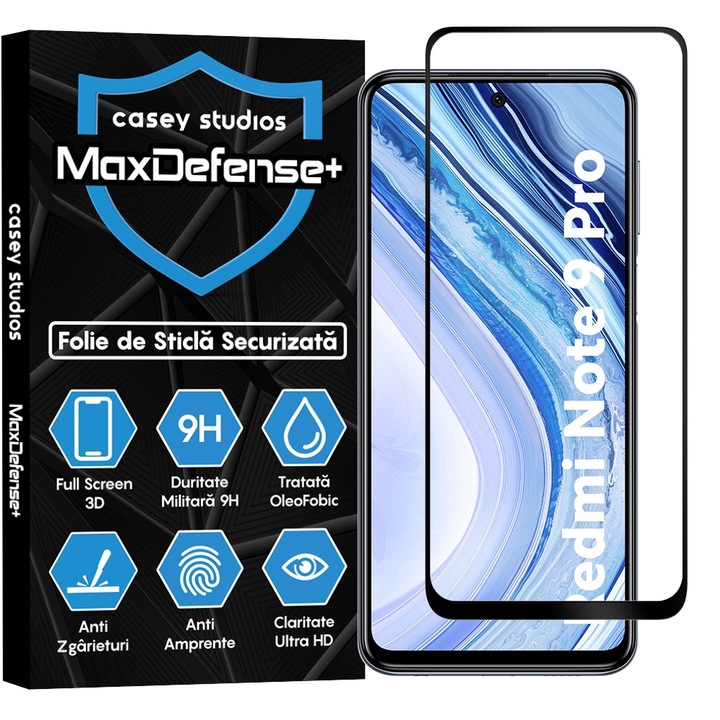 Закалено стъкло CASEY STUDIOS™ съвместимо с Xiaomi Redmi Note 9 Pro / Redmi Note 9 Pro Max / Redmi Note 9S, MaxDefense+, против надраскване, Full Glue, Full Cover 3D, 3D защита на екрана, висока твърдост, черни ръбове