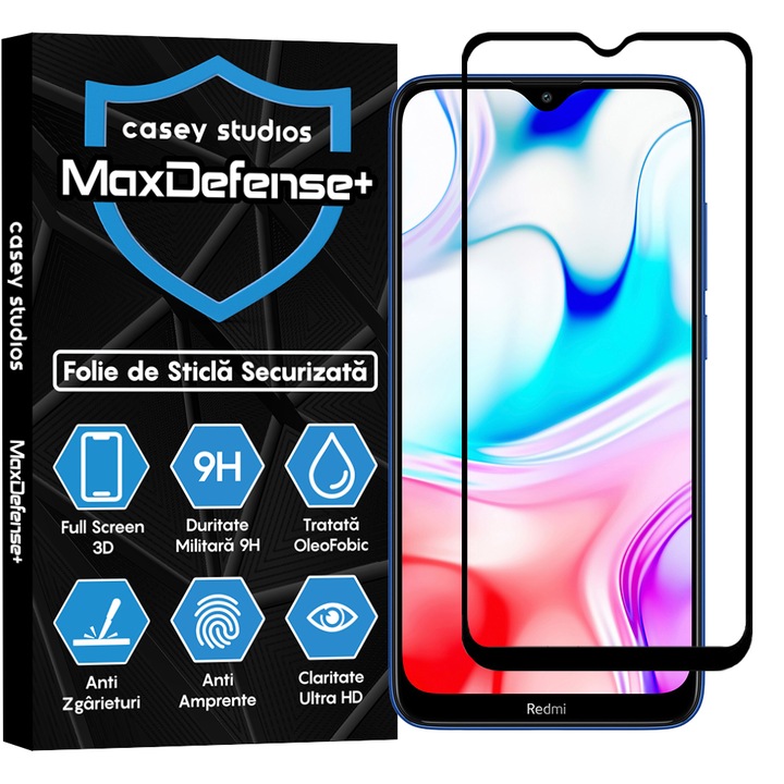 CASEY STUDIOS™ üvegfólia kompatibilis Xiaomi Redmi 8 / Redmi 8A, Full Glue, Katonai keménység, Ultra HD, karcolásgátló, ütésálló, fekete élek