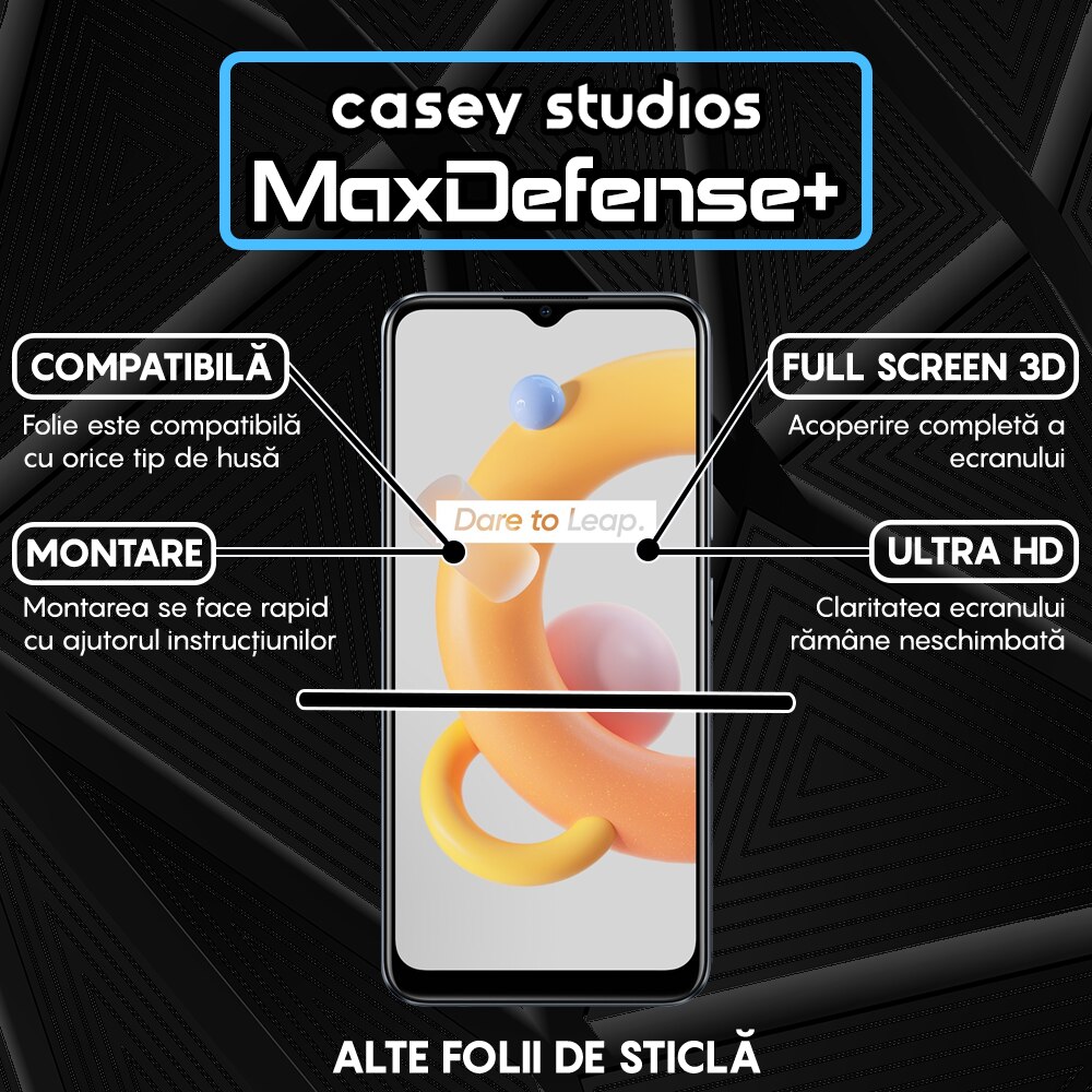 Folie Sticla CASEY STUDIOS™ compatibila cu Realme 7i / C11 / C11 (2021) / C15 / C21 / C21Y / C21Y / C25s / C25Y / Narzo 30A, Full Cover 3D, Full Glue, Duritate Militara, Ultra HD, Anti Zgarieturi, Anti Socuri, Margini Negre