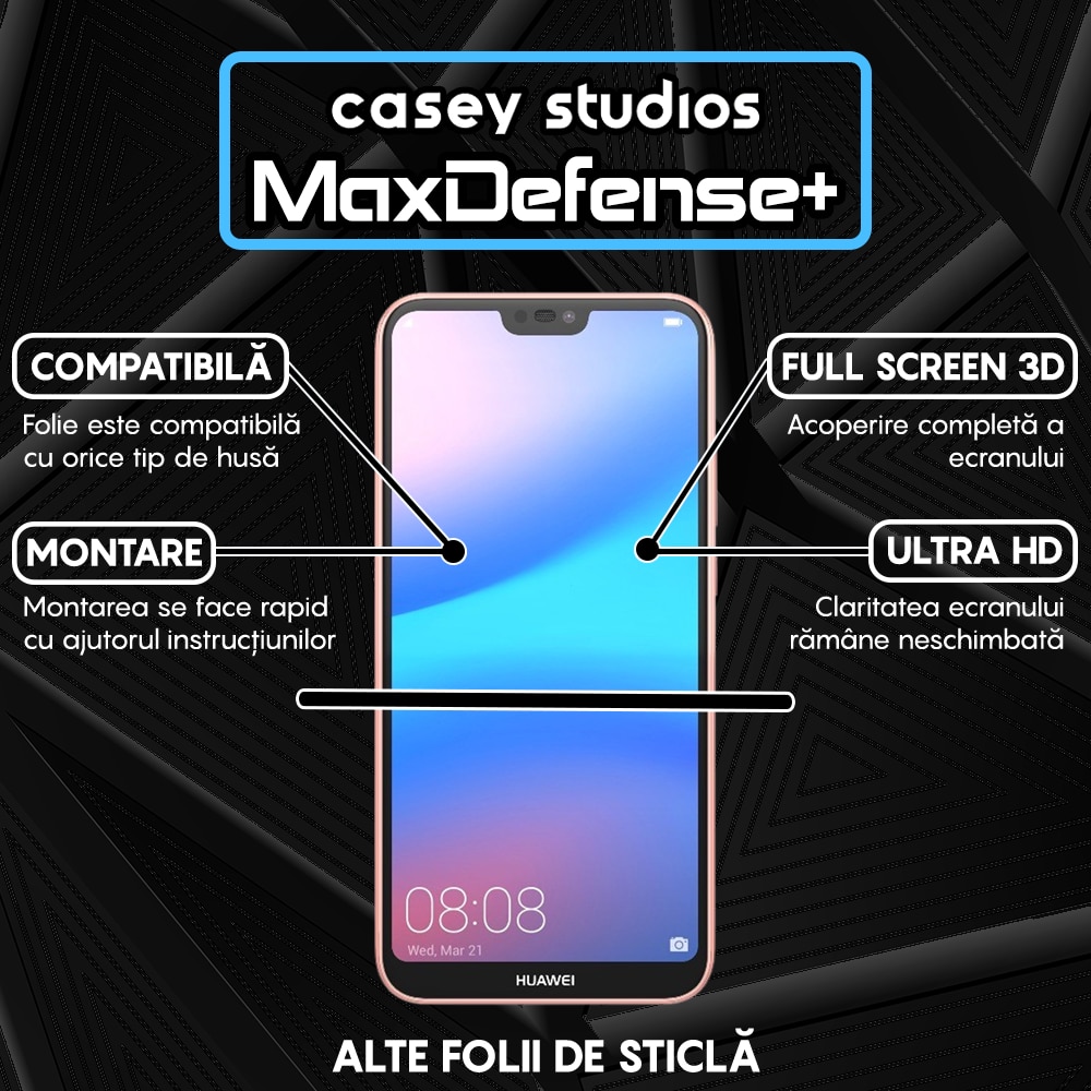 Folie Sticla CASEY STUDIOS™ compatibila cu Huawei P20 lite, Full Cover 3D, Full Glue, Duritate Militara, Ultra HD, Anti Zgarieturi, Anti Socuri, Margini Negre