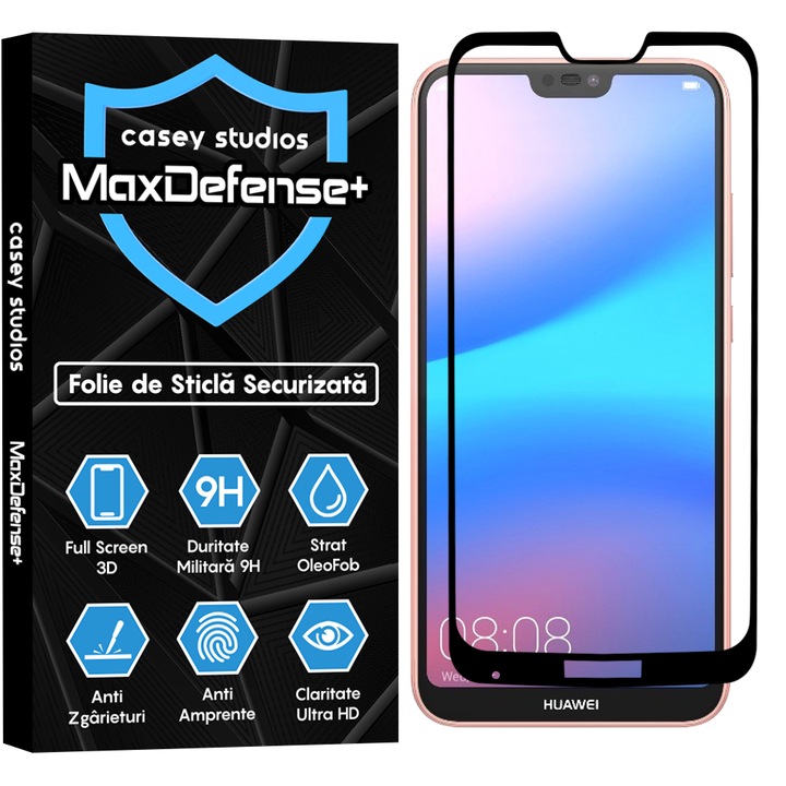 Folie Sticla CASEY STUDIOS™ compatibila cu Huawei P20 lite, Full Cover 3D, Full Glue, Duritate Militara, Ultra HD, Anti Zgarieturi, Anti Socuri, Margini Negre