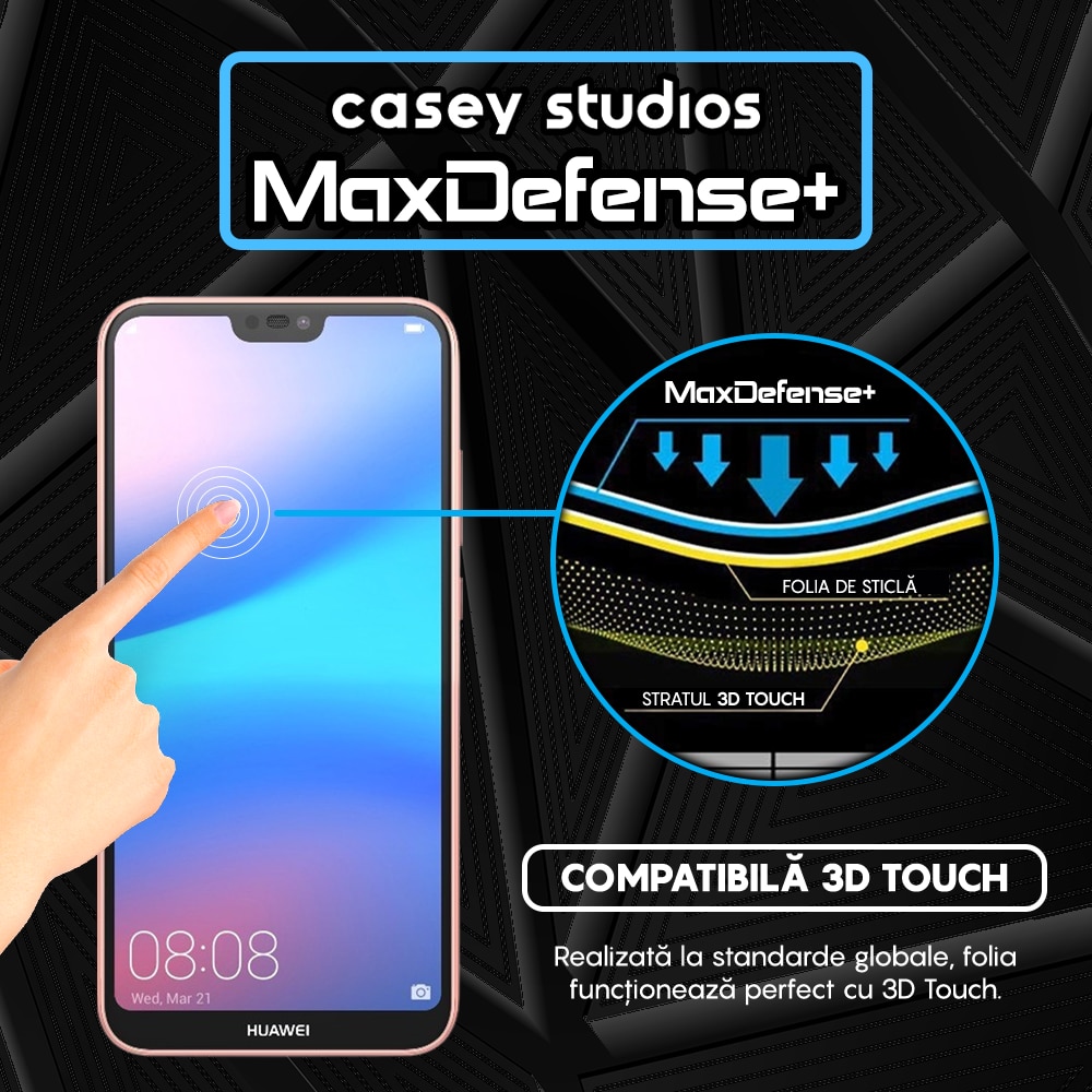 Folie Sticla CASEY STUDIOS™ compatibila cu Huawei P20 lite, Full Cover 3D, Full Glue, Duritate Militara, Ultra HD, Anti Zgarieturi, Anti Socuri, Margini Negre