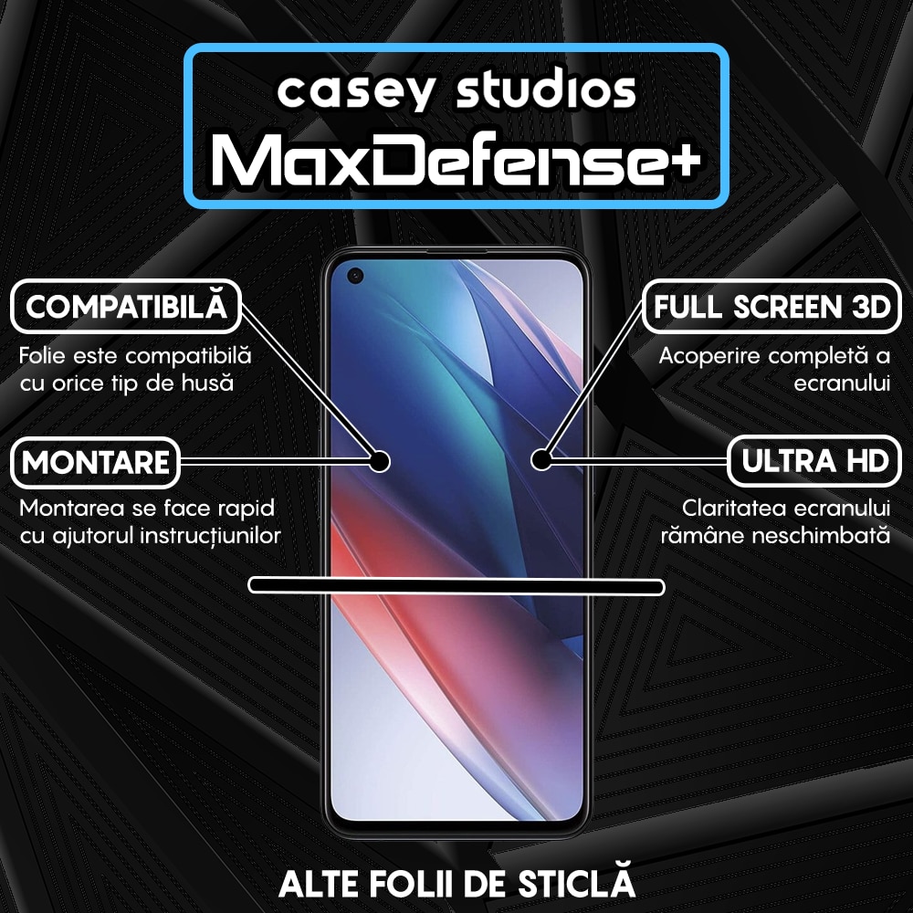 Folie Sticla CASEY STUDIOS™ compatibila cu Oppo Find X3 Lite / Reno5 5G, Full Cover 3D, Full Glue, Duritate Militara, Ultra HD, Anti Zgarieturi, Anti Socuri, Margini Negre