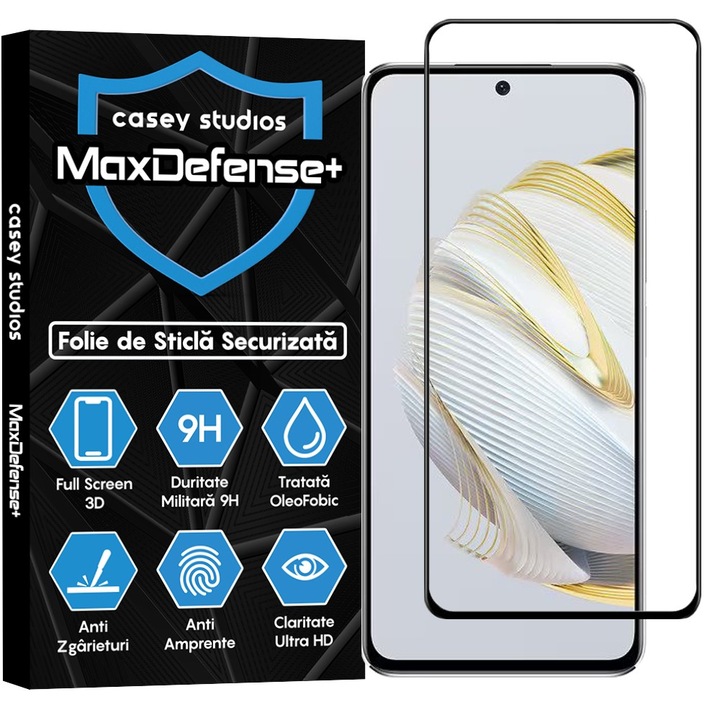 Folie Sticla CASEY STUDIOS™ kompatibilis Huawei nova 10 SE, Teljes Fedő 3D, Teljes Ragasztás, Katonai Keménység, Ultra HD, Karcolásgátló, Ütésálló, Fekete Szélek