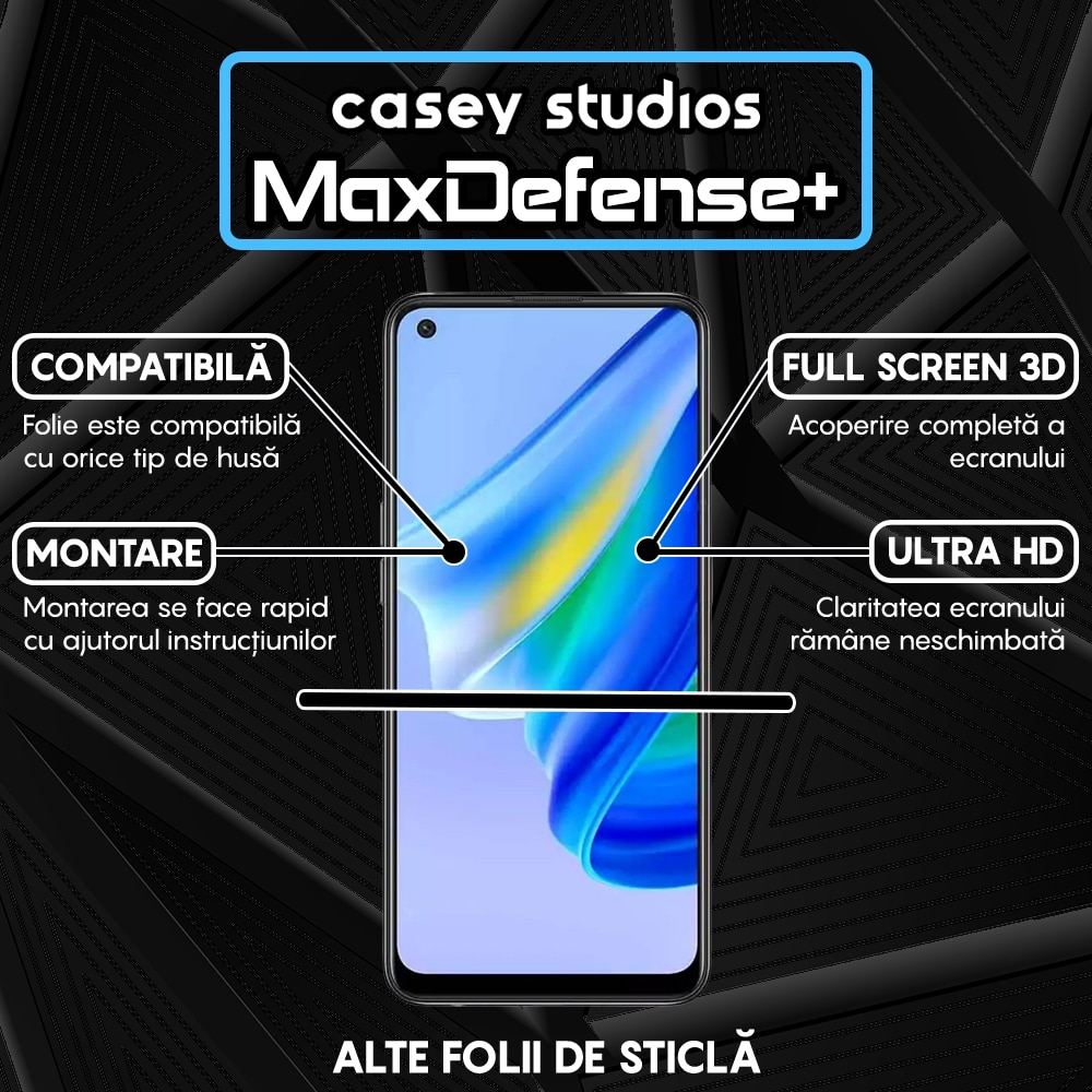 Folie Sticla CASEY STUDIOS™ compatibila cu Oppo A74 4G / A94 4G / A94 5G / A95 / Find X5 Lite / Reno5 Lite / Reno5 Lite / Reno5 Z / Reno7 5G, Full Cover 3D, Full Glue, Duritate Militara, Ultra HD, Anti Zgarieturi, Anti Socuri, Margini Negre