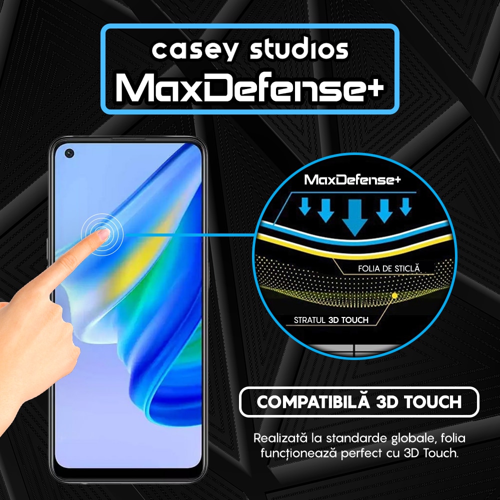 Folie Sticla CASEY STUDIOS™ compatibila cu Oppo A74 4G / A94 4G / A94 5G / A95 / Find X5 Lite / Reno5 Lite / Reno5 Lite / Reno5 Z / Reno7 5G, Full Cover 3D, Full Glue, Duritate Militara, Ultra HD, Anti Zgarieturi, Anti Socuri, Margini Negre
