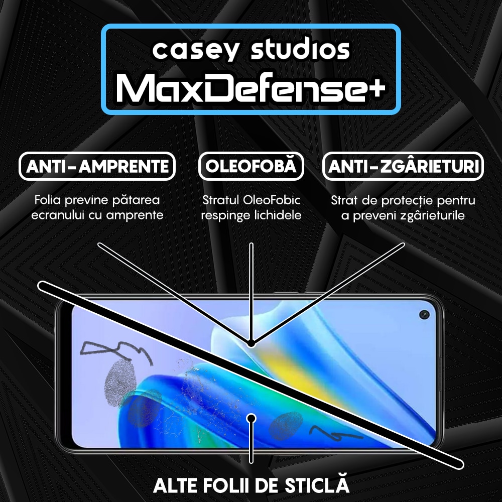 Folie Sticla CASEY STUDIOS™ compatibila cu Oppo A74 4G / A94 4G / A94 5G / A95 / Find X5 Lite / Reno5 Lite / Reno5 Lite / Reno5 Z / Reno7 5G, Full Cover 3D, Full Glue, Duritate Militara, Ultra HD, Anti Zgarieturi, Anti Socuri, Margini Negre
