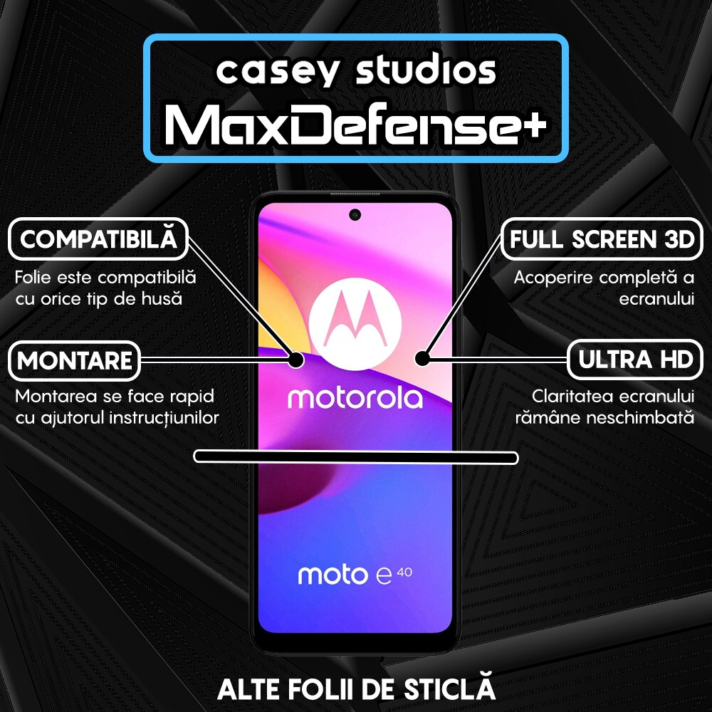 Folie Sticla CASEY STUDIOS™ compatibila cu Motorola Moto E30 / Moto E40, Full Cover 3D, Full Glue, Duritate Militara, Ultra HD, Anti Zgarieturi, Anti Socuri, Margini Negre