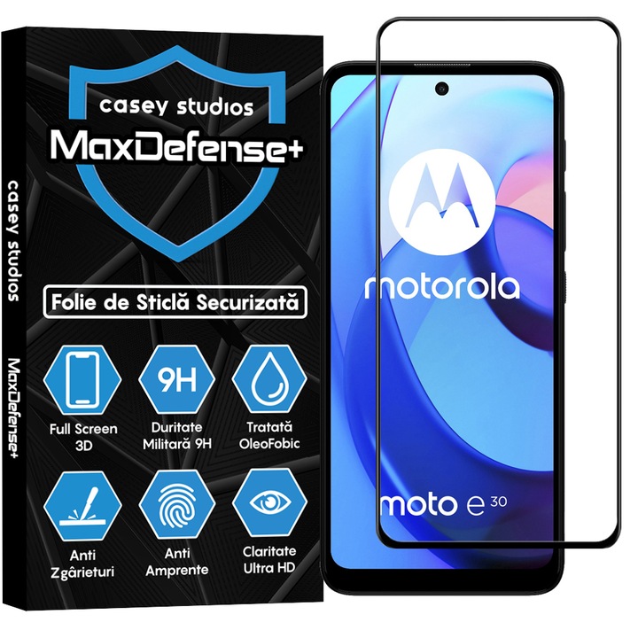 CASEY STUDIOS™ üvegfólia kompatibilis a Motorola Moto E30 / Moto E40, Full Glue, Katonai keménység, Ultra HD, karcolásgátló, ütésálló, fekete élekkel