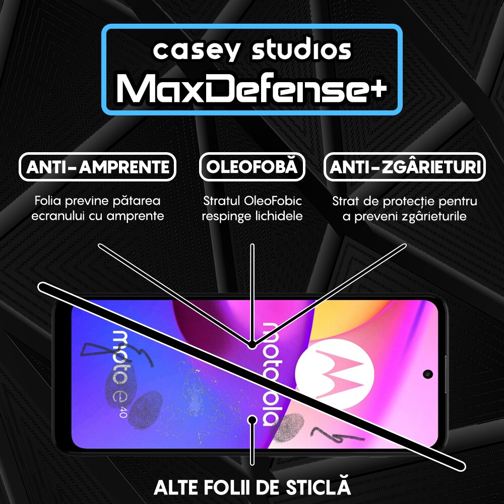 Folie Sticla CASEY STUDIOS™ compatibila cu Motorola Moto E30 / Moto E40, Full Cover 3D, Full Glue, Duritate Militara, Ultra HD, Anti Zgarieturi, Anti Socuri, Margini Negre