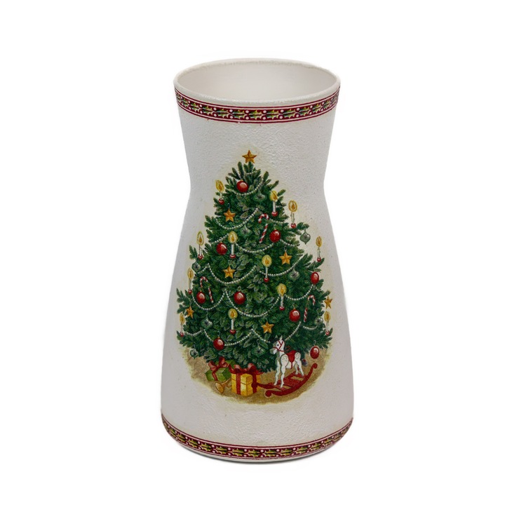 Vaza de sticla, alba, decorata cu brad de Craciun, 10x10x20 cm