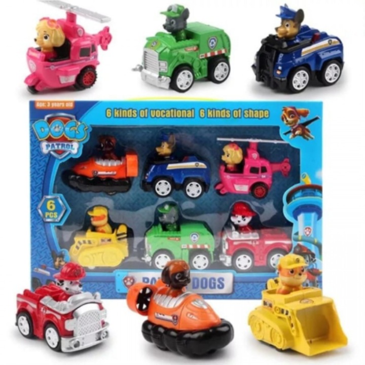Set Paw Patrol cu 6 Masinute si Personaje Erou, Multicolor 20 cm