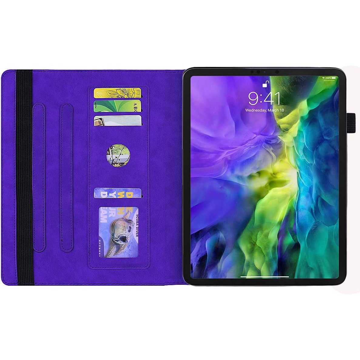 Husa Office Sigloo din piele sintetica emobsata, pentru tableta Ipad 9/8/7 (2021/2020/2019), 10.2 inch, Smart Cover, suport de smartpen, si portcarduri in interior, Purple