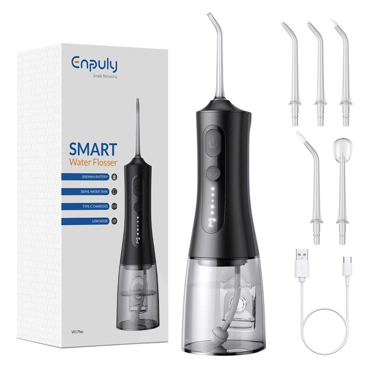 Irigator Bucal tip Dus Bucal Portabil Enpuly W1 Plus, 1600 Pulsatii/min, Presiune 40-140PSI, Rezervor 300ml, 5 Programe, 5 Duze incluse, Negru