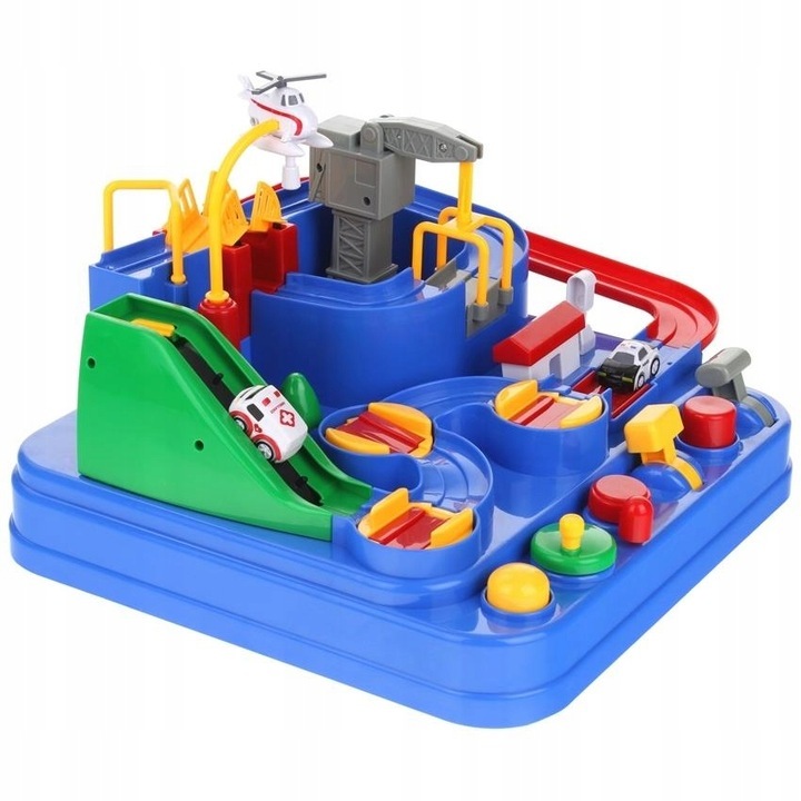 Pista interactiva cu obstacole, Zola, 4 masinute si un elicopter, macara, 27 x 27 x 18.5 cm, multicolora