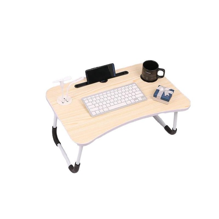 Masa laptop portabila, din lemn de bambus, cu port USB, suport pahar, suport monitor/tableta, + o lampa USB + un ventilator USB