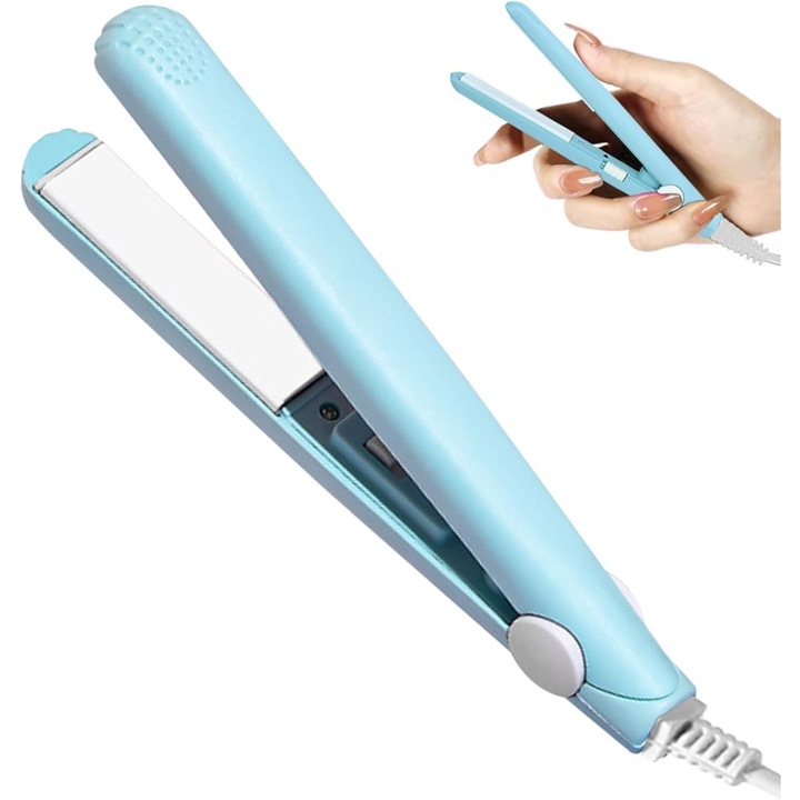 Placa de par, mini, pentru indreptat parul, incalzire rapida, coafare rapida, fara efort, par sanatos si stralucitor, temperatura constanta la 190℃, 17x 2x 3 cm - MINISTYLE albastru