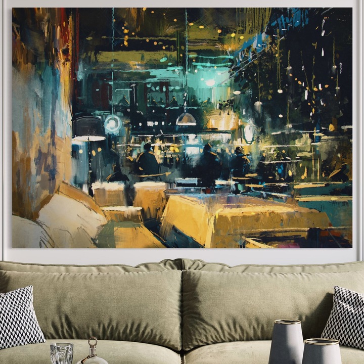 Премиум картина върху платно, LuxCanva® A1289, Нощен клуб, 100 X 145 CM, 100% памучно платно 400g/m2, дървена рамка, хол, хора, кафене, ресторант, светлини, ярки цветове