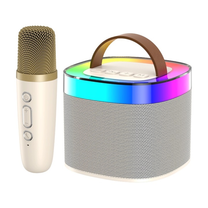 Boxa portabila cu microfon, Karaoke, Wireless, 2 x speaker 10W, Bluetooth V5.0, USB-C, AUX, SD Card, 10W, Argintiu