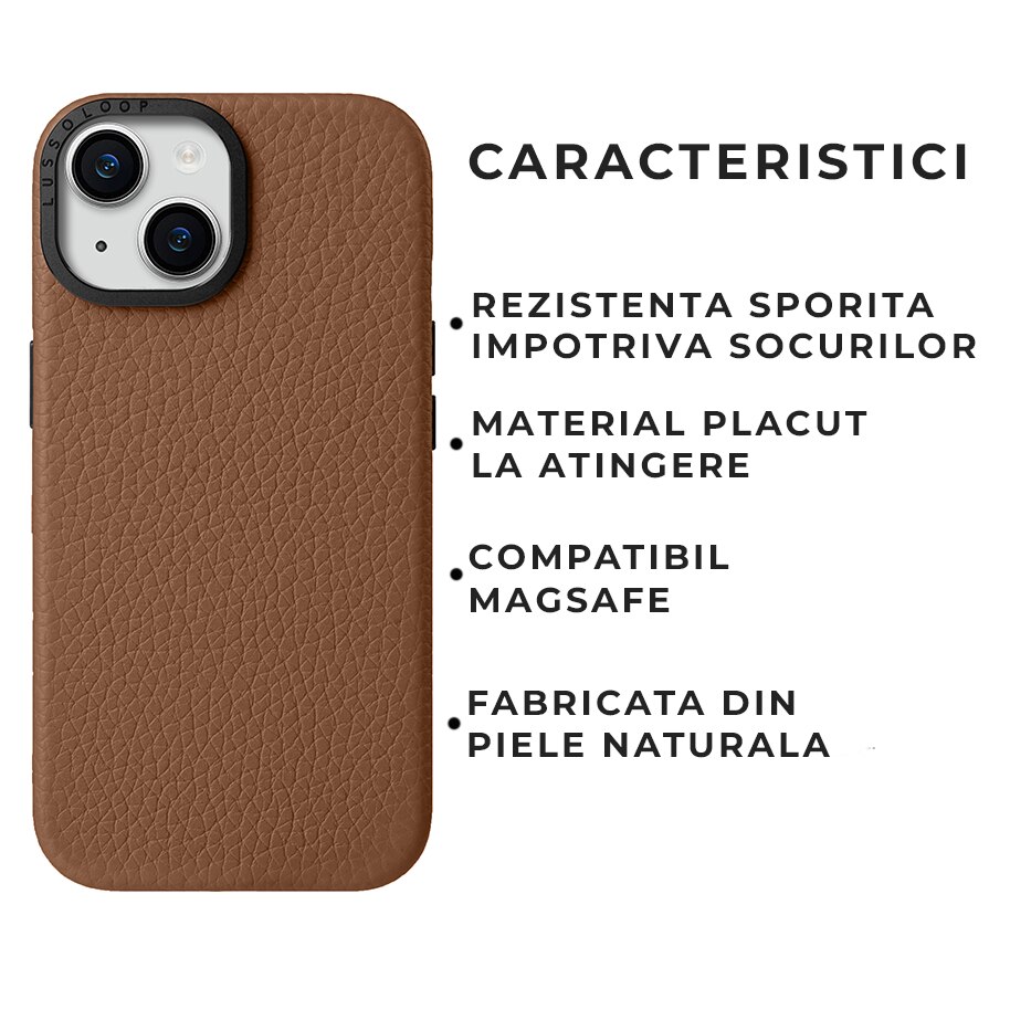 Husa pentru iPhone 15 Plus Lussoloop Premium Leather Full Cover din piele naturala, Magsafe, Interior Din Microfibra, Handmade, Maro