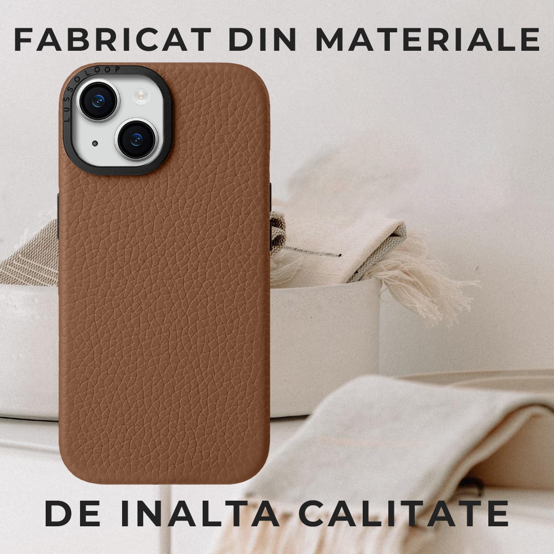 Husa pentru iPhone 15 Plus Lussoloop Premium Leather Full Cover din piele naturala, Magsafe, Interior Din Microfibra, Handmade, Maro