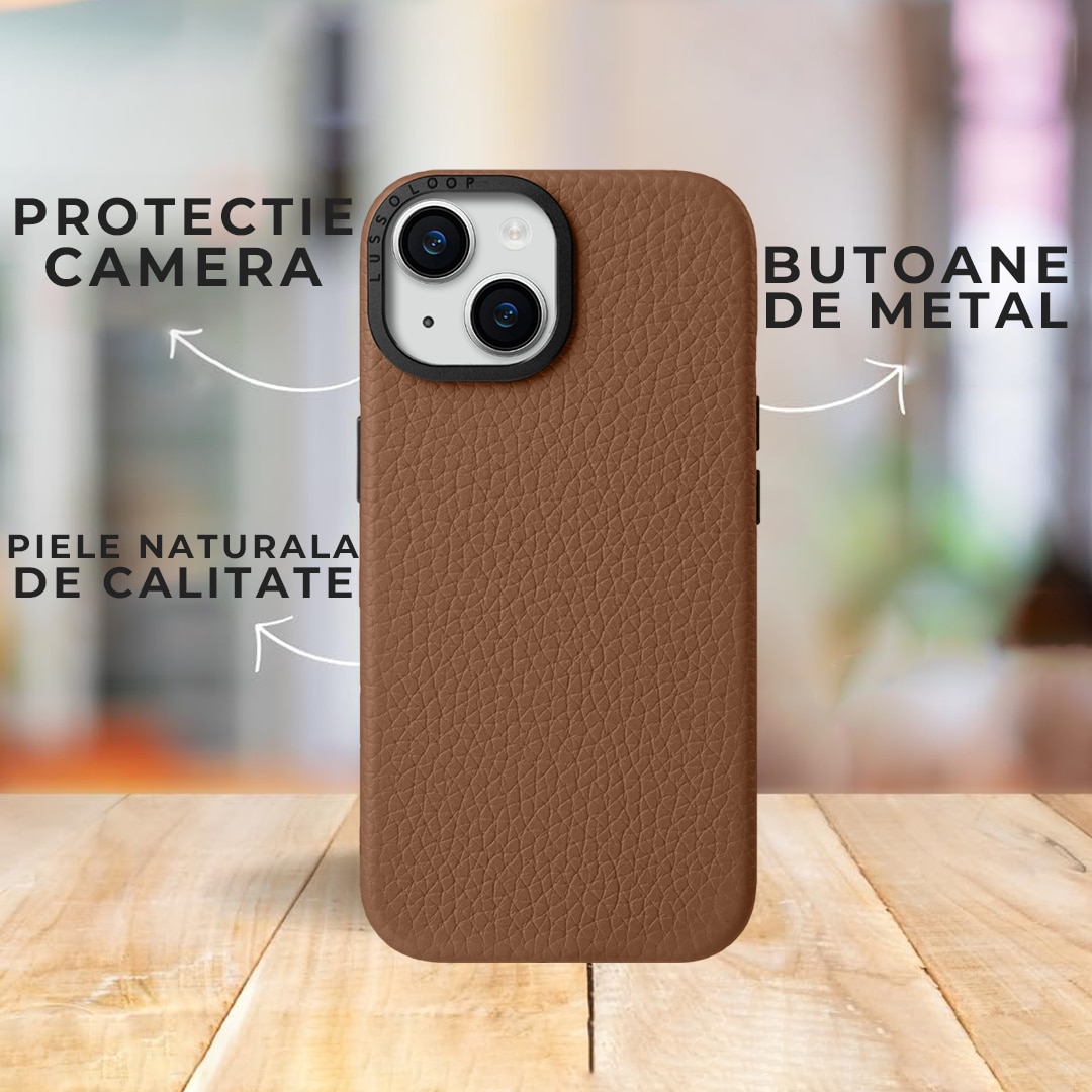 Husa pentru iPhone 15 Plus Lussoloop Premium Leather Full Cover din piele naturala, Magsafe, Interior Din Microfibra, Handmade, Maro
