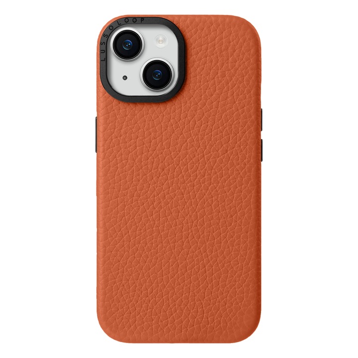 Husa pentru iPhone 15 Plus Lussoloop Premium Leather Full Cover din piele naturala, Magsafe, Interior Din Microfibra, Handmade, Portocaliu