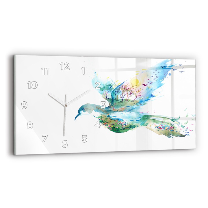 Falióra, Wallfluent, üveg, Fehér mutatók, Arab számok, Madarak és tavasz absztrakciója, Kék, Téglalap 60x30 cm, 010010500030100273402