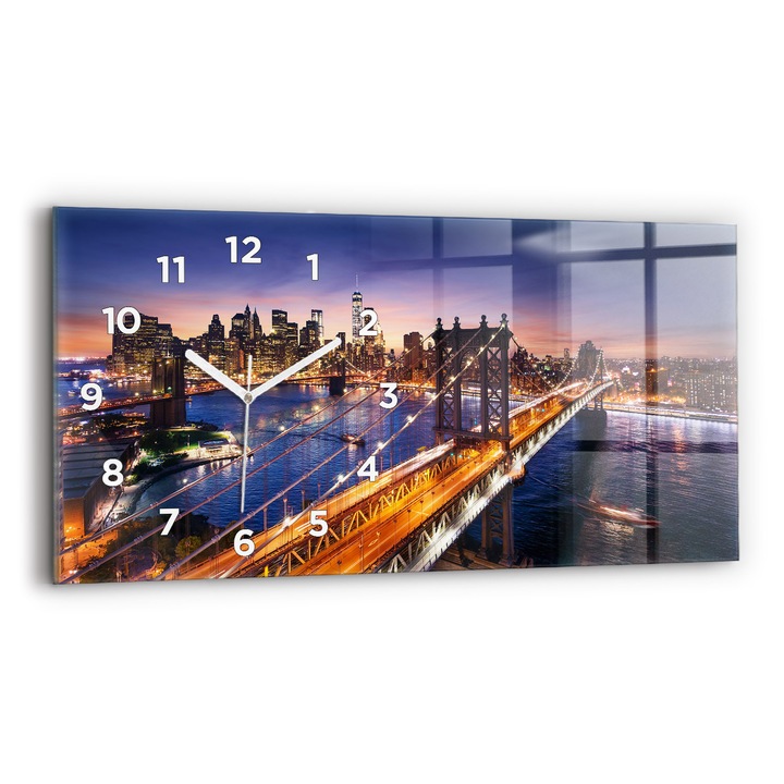 Falióra, Wallfluent, üveg, fehér mutatók, arab számok, New York és naplemente, kék, téglalap 60x30 cm, 010010500030100272543