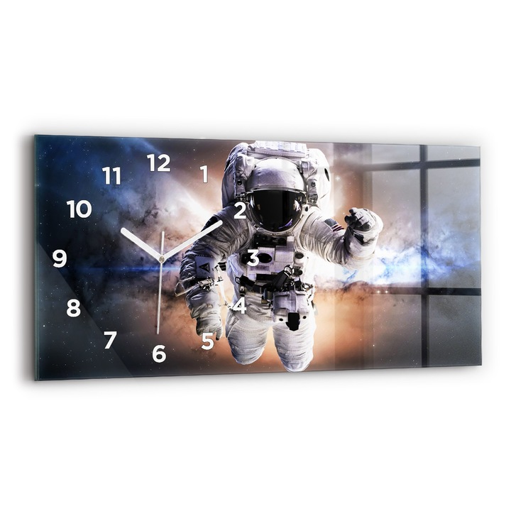 Ceas de perete, Wallfluent, de sticla, Mainile albe, Cifre Arabe, Astronaut in spatiu, Albastru, Dreptunghi 60x30 cm, 010010500030100272804