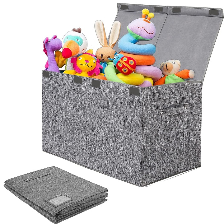 Cutie mare de jucarii cu capac, Organizator pliabil pentru depozitare jucarii, robust, cutii, cosuri pentru copii, baieti, fete, cresa, camera de joaca, WALALLA, Textil, Gri