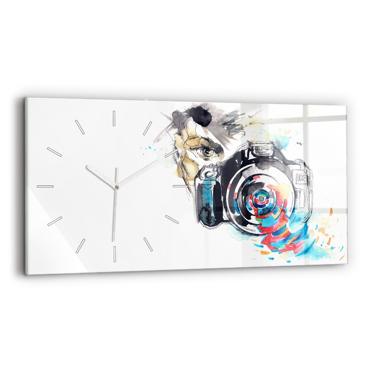 Ceas de perete, Wallfluent, de sticla, Mainile albe, Fara cifre, O camera foto fotografica, Albastru, Dreptunghi 60x30 cm, 010010500030100271588