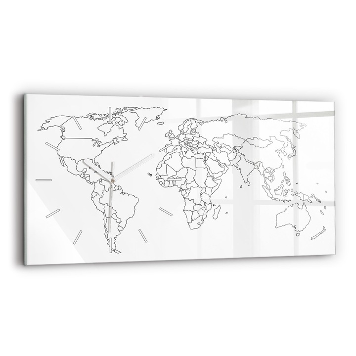 Falióra, Wallfluent, üveg, Fehér mutatók, Számok nélkül, Világtérkép körvonala, Fehér, Téglalap 60x30 cm, 010010500030100271764